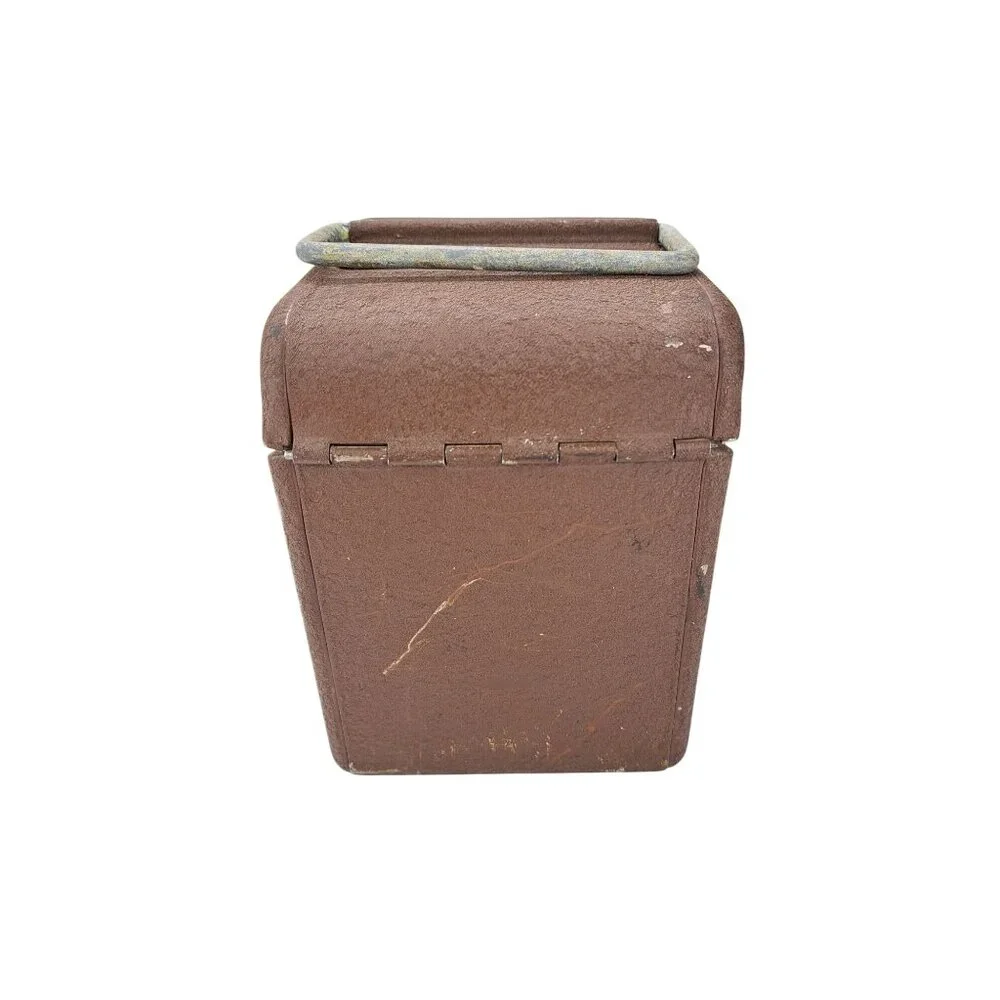 Vintage Simonsen 8mm Film Canister Case Brown Metal Handle Latch Holds 6 Cans